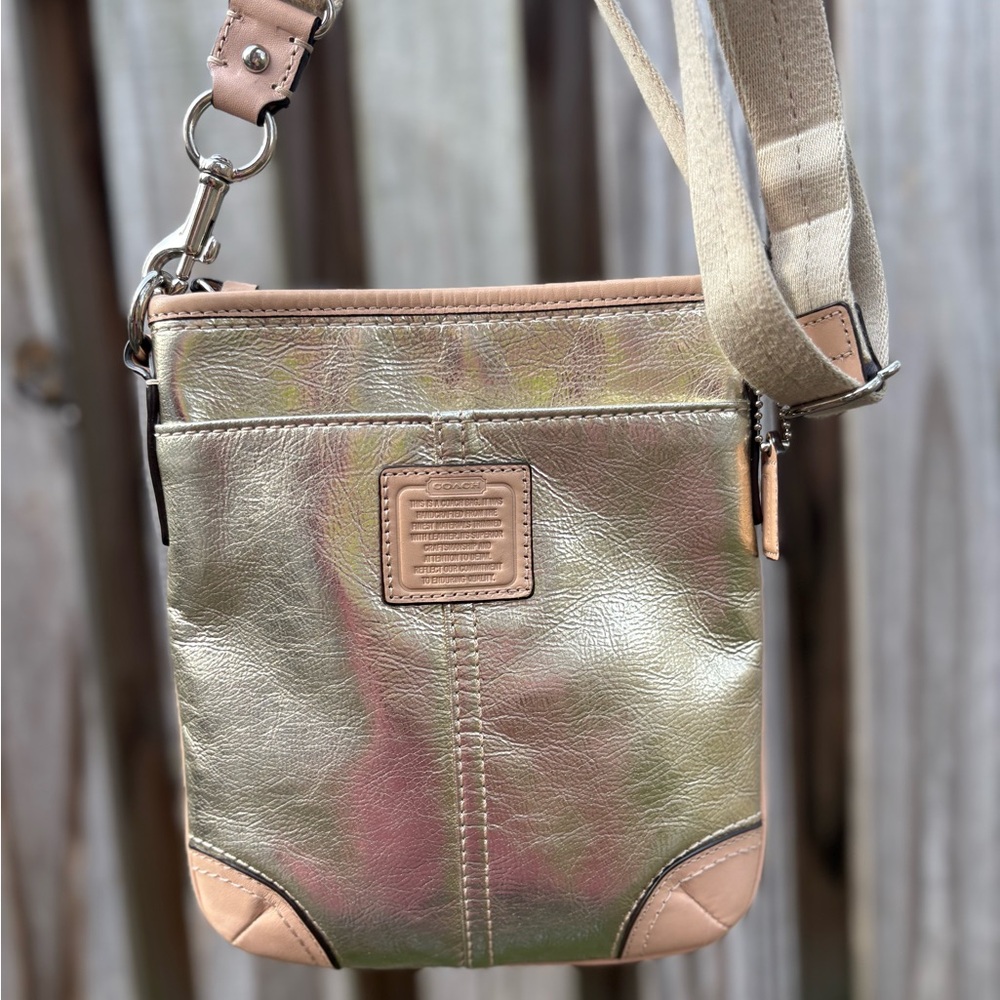 Coach Metallic Silver with Leather Trim Crossbody Swing Pack